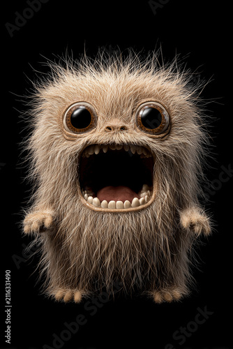 creature of ai, tiny hairy monster screaming with huge eyes and open mouth, black background, black brown, photorealistic