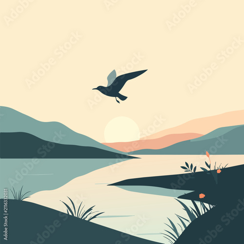 Minimalist Illustration of a Bird Flying Over a Calm Lake at Sunset with Mountain Range Background