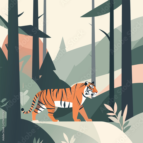 Minimalist Flat Vector Illustration of a Majestic Bengal Tiger Walking Through a Dense Jungle Forest