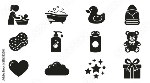 Fotografie Baby Bath Time Icons: Mother, Bathtub, Rubber Duck, Towel, Sponge, Soap, Powder,