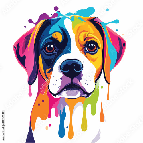 Vibrant Abstract Dog Head Portrait with Colorful Paint Splatters and Drips on White Background