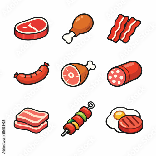 Colorful collection of grilled meats and barbecue icons vector illustration