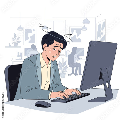 Employee Overwhelmed By Work Stress At Computer Desk Showing Mental Strain
