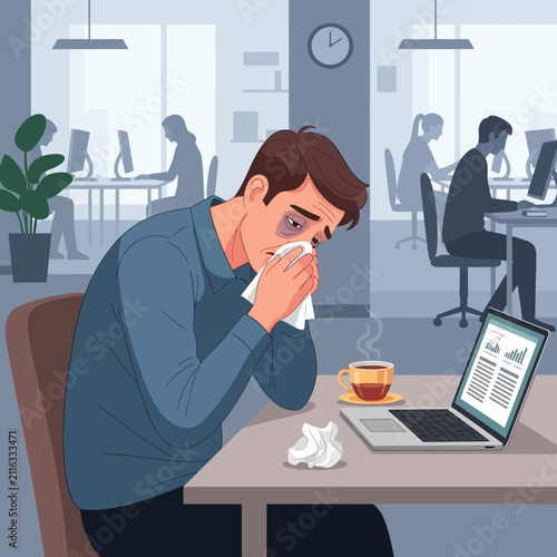 Exhausted Businessman Crying At His Desk With A Coffee Break