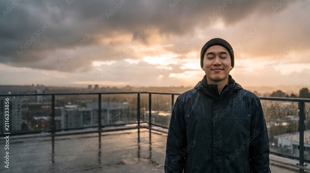 Fototapeta premium Peaceful Asian man in beanie jacket standing with eyes closed on wet rooftop with dramatic cloudy sunset sky background.