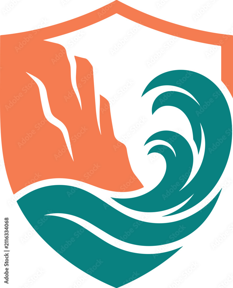 Obraz premium Abstract shield logo design featuring a stylized ocean wave and rocky cliff icon