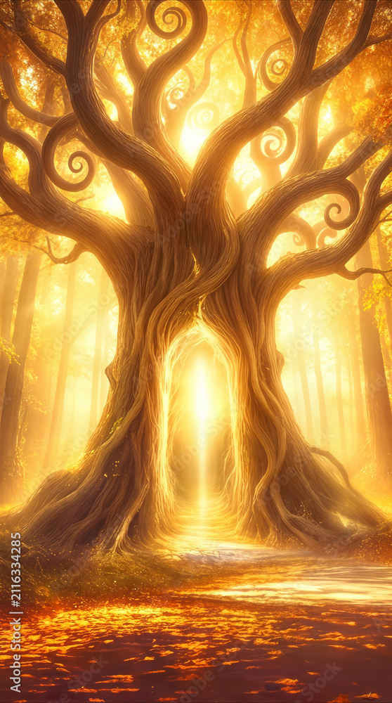 Fototapeta premium Mystical tree with glowing portal in enchanted forest. Fantasy landscape with swirling branches and golden light.