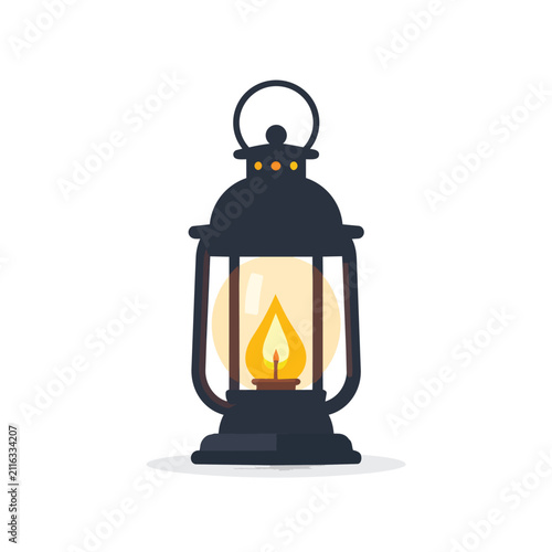 Vintage Oil Lantern Illustration with Glowing Wick Burning Flame Isolated on White Background