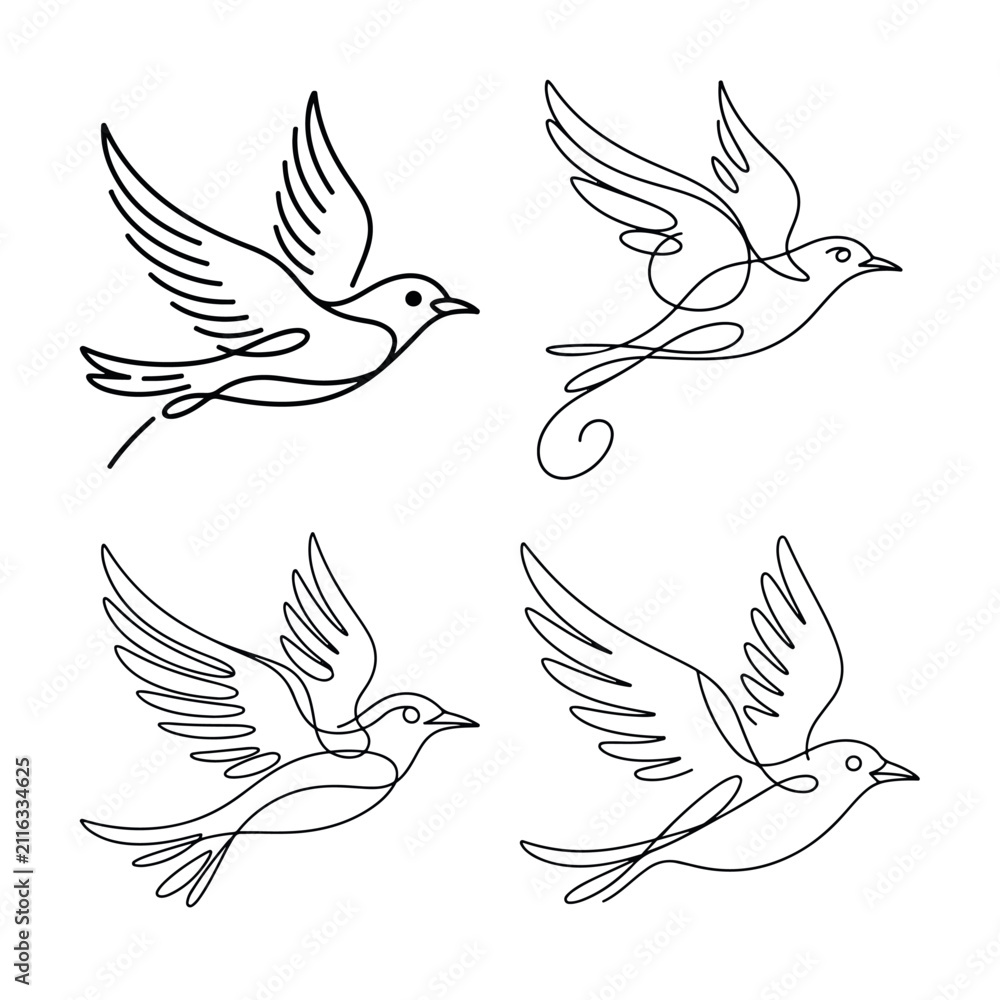 Fototapeta premium Collection of minimalist flying bird icons in a simple continuous line art style for modern design projects
