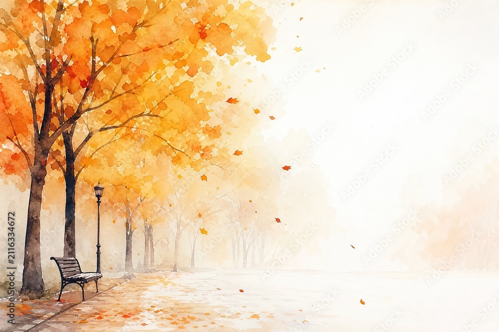 Obraz premium Minimalist fall backdrop: Beautiful autumn park watercolor illustration with empty copy space for Hello Autumn text
