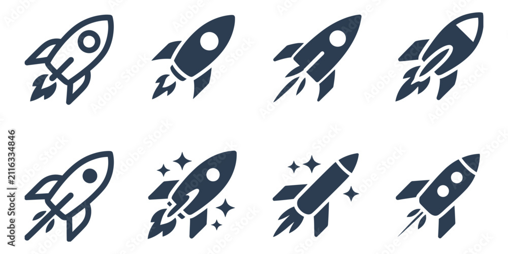 Fototapeta premium Rocket launch icon set, eight variations, space exploration symbols