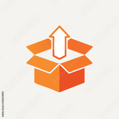 Orange Open Cardboard Box Icon with White Upward Arrow for E-commerce Logistics and Export Services