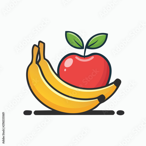 Minimalist Vector Illustration of Fresh Red Apple and Two Yellow Bananas for Healthy Diet Concept