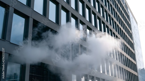 A modern office building facade with steam or vapor rising from its lower levels against a bright sky
