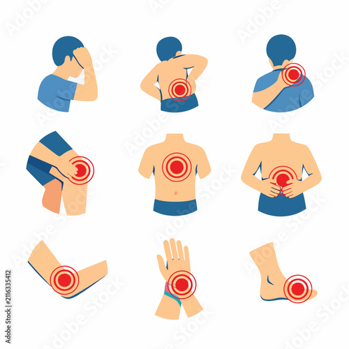 Human body pain points illustration with red target marks