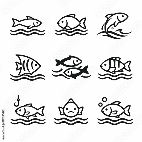 Black and white fish icons set with waves and fishing hook