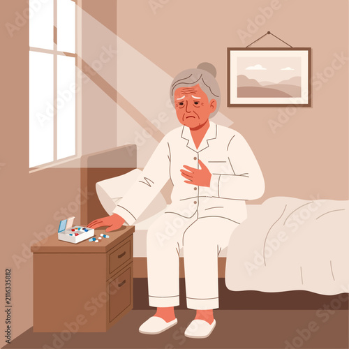 Elderly Woman Suffering From Chest Pain While Sitting On Bed With Medication Near Window Light