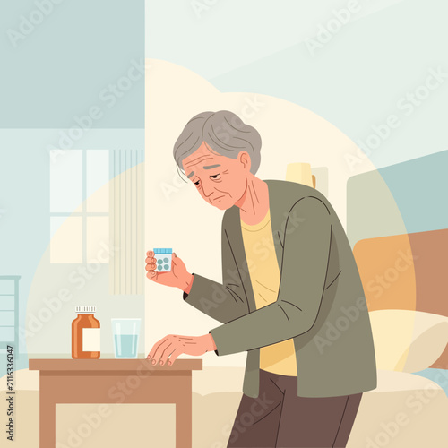 Elderly Woman Taking Medication In Bedroom Soft Light Indoor Scene