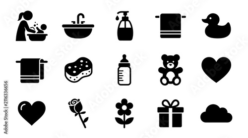 Obraz na płótnie Baby Bath Time Icons: Duck, Bottle, Teddy Bear, Heart, Rose, Flower, Gift, Cloud