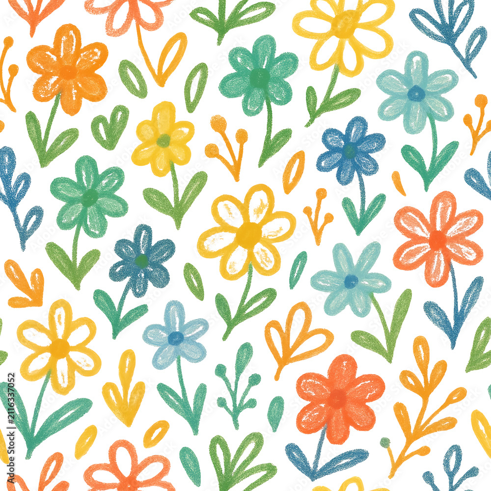 Obraz premium Hand-Drawn Seamless Floral Background with Botanical Flowers, Roses, Lotus, Hearts, Leaves and Blossoms | Elegant Spring Summer Nature Wallpaper Pattern | Soft Pastel Vector Line Art for Fabric, Texti