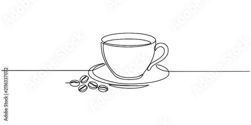 Foto Continuous single line drawing of a coffee cup with saucer and beans isolated on