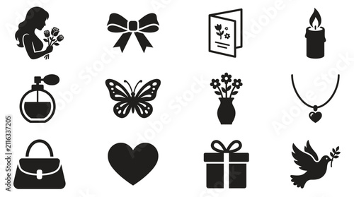 Quadro su tela Collection of feminine icons: perfume, heart, gift, candle, butterfly, necklace,