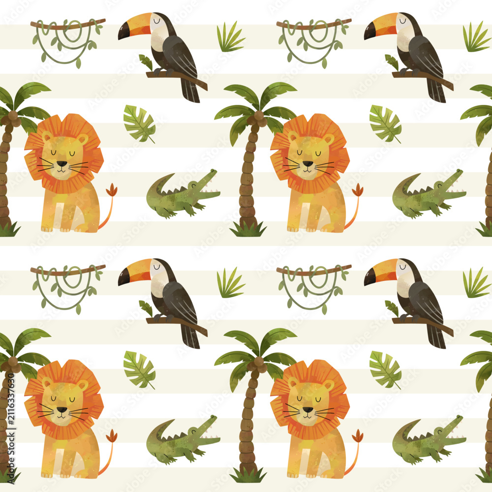 Obraz premium Watercolor wild animals seamless pattern. Cute background with lion, crocodile, toucan. Hand painted jungle print