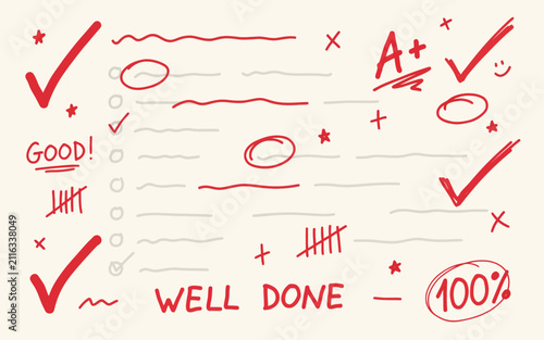 Vector illustration of hand drawn teacher grading marks and positive feedback text with education