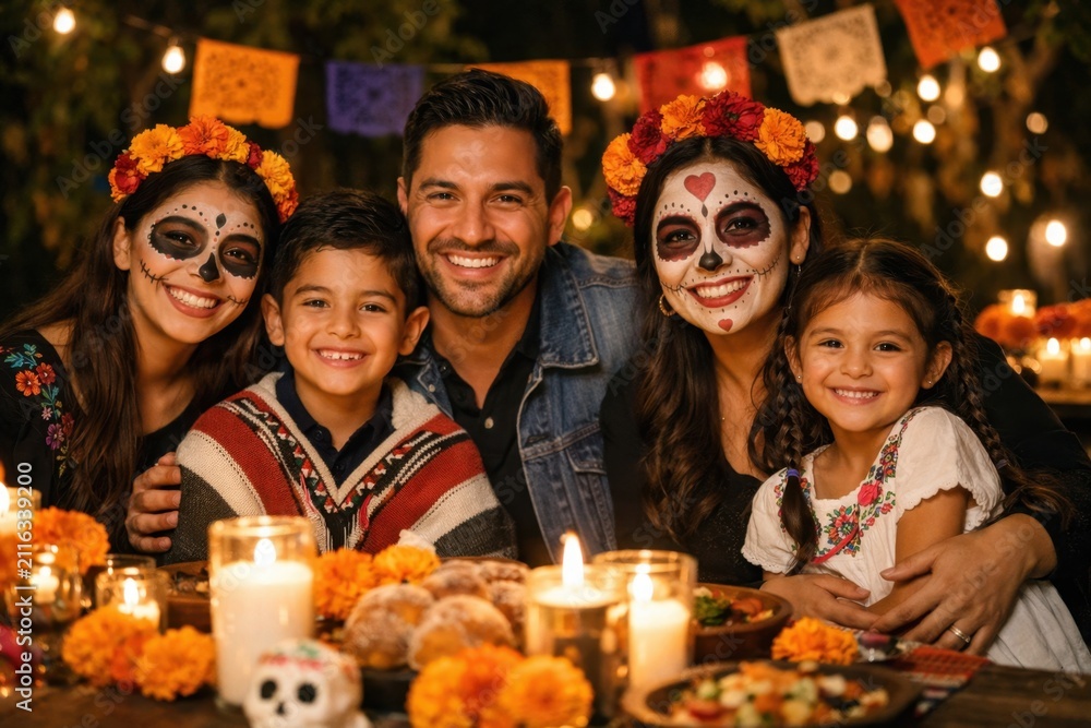 Fototapeta premium Happy family celebrating Day of the Dead together with candles flowers and festive face painting