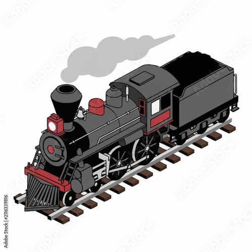 Fotografie Vintage Steam Locomotive Train on Tracks Emitting Smoke.