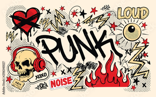 Vector illustration of punk rock collage with hand drawn skull and energetic fire symbols, creative