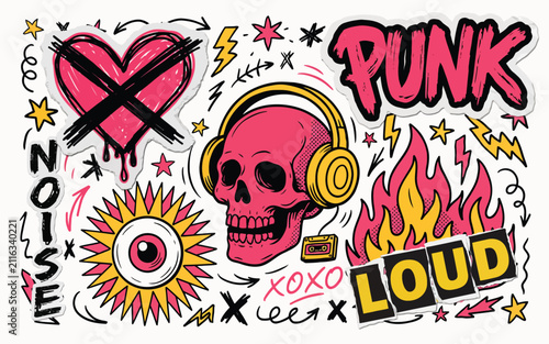 Vector illustration of punk rock elements featuring human skull wearing headphones and flames