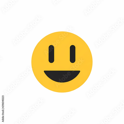 A circular yellow face symbol showing a happy expression with small eyes and a large grin representing human emotions in a stylized format for digital communication and social media user