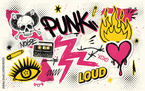 Vector illustration of punk rock theme with skull heart fire and retro music cassette