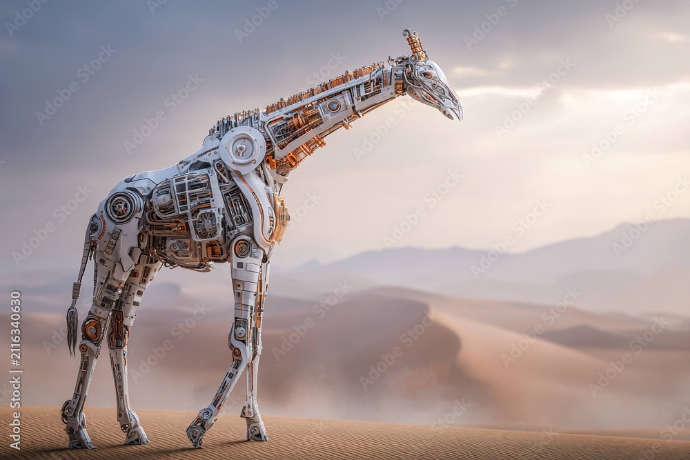 Obraz premium futuristic robotic giraffe walking through desert