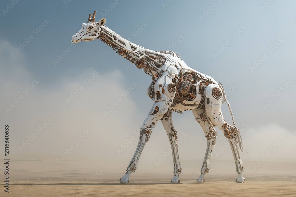 Obraz premium futuristic robotic giraffe walking through desert