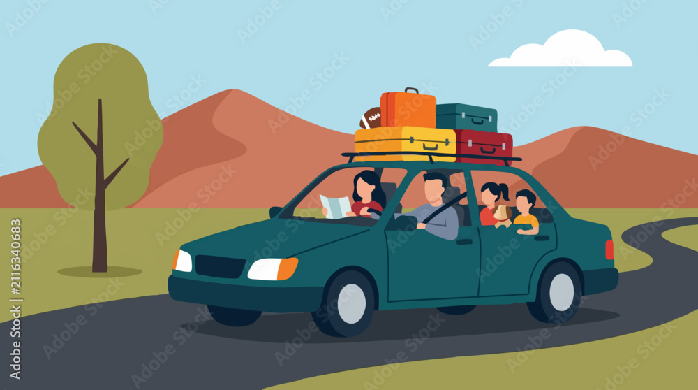 Fototapeta premium Family on a summer road trip in a car with luggage on the roof