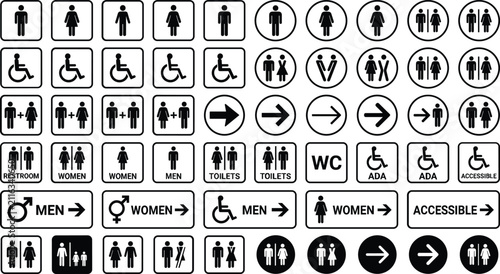 Fotografie Set of black and white restroom signs, toilet door plaques, ADA accessible icons