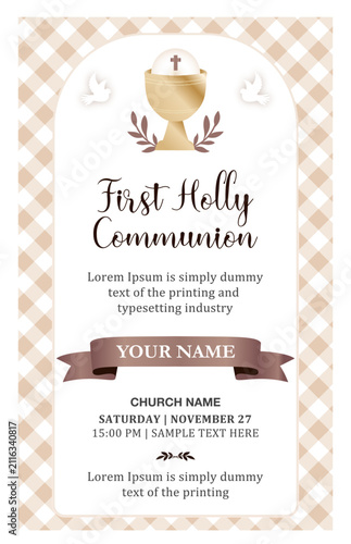 Elegant First Holy Communion invitation card with gold chalice and ribbon