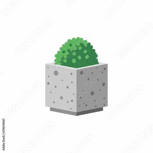 A small green shrub grows inside a sturdy cement planter container that features a speckled gray texture perfect for exterior garden decoration or interior home ornament placement on flat