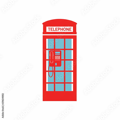 Classic bright red public communication booth with a glass window and internal vintage calling handset device typical of urban city streets throughout historical european towns and travel