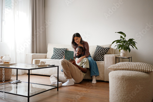 Couple searching for house online