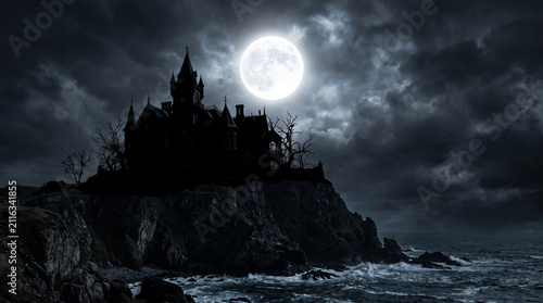 Spooky haunted mansion on a cliff at night. Scary castle silhouette under a full moon.