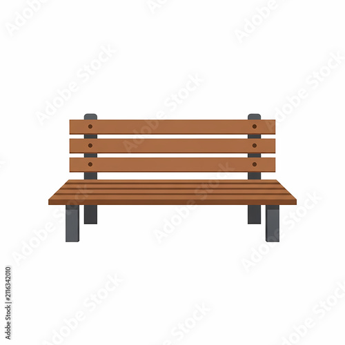 Classic wooden park bench with metal support frame designed for outdoor seating comfort in public spaces or residential gardens allowing people to rest and enjoy the nature views during the