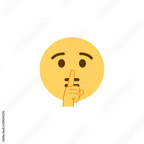 A round yellow face performing a quiet gesture by placing a finger over the mouth to indicate silence as a symbol for privacy or confidentiality to convey a secret message during communication