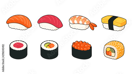 Canvas Print Assorted sushi and maki set in colorful cartoon vector style