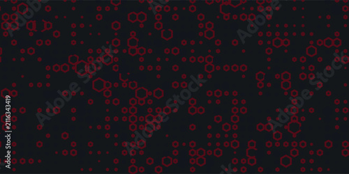 Abstract dark hexagon pattern on red neon background technology style. Modern futuristic geometric shape web banner design. You can use for cover template, poster, flyer, print ad. Vector illustration