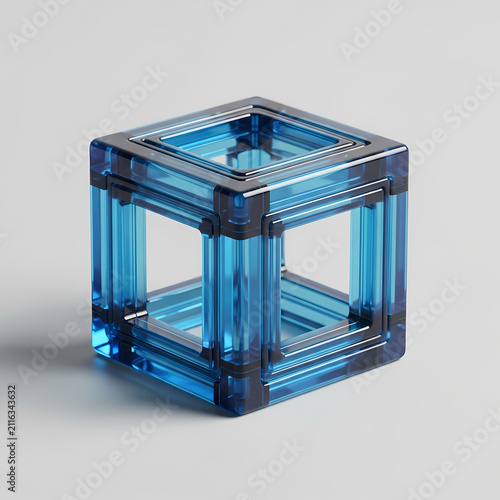 Blue translucent framework structure forming a hollow geometric shape displaying architectural connectivity and precise engineering alignment intended for representing technological progress or