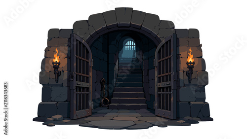 Stone dungeon entrance with open iron doors and stairway