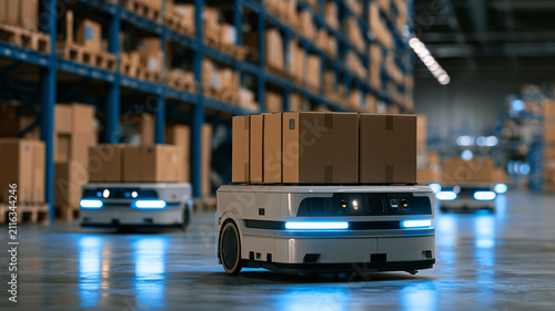 Warehouse robot box logistics automation workforce impact storage shelf delivery robot carrying cardboard box in industrial aisle showing automation impact on workforce and supply chain efficiency